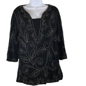Once Again Black Tunic Top With Metallic Soutache Detail Women's Size‎ L